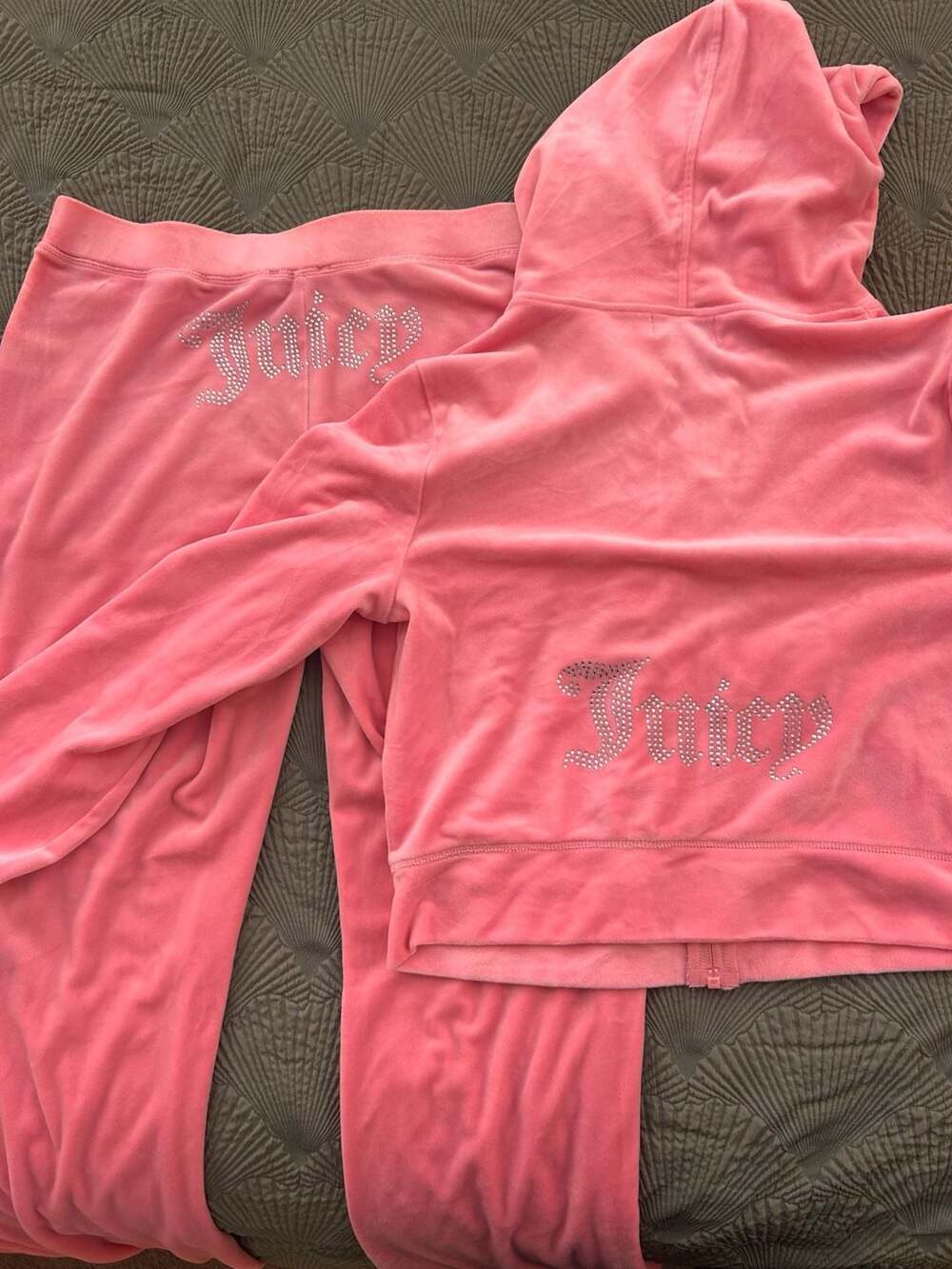 Juicy Couture Pink Velour Rhinestone Bling Tracksuit Hoodie and Pants Set